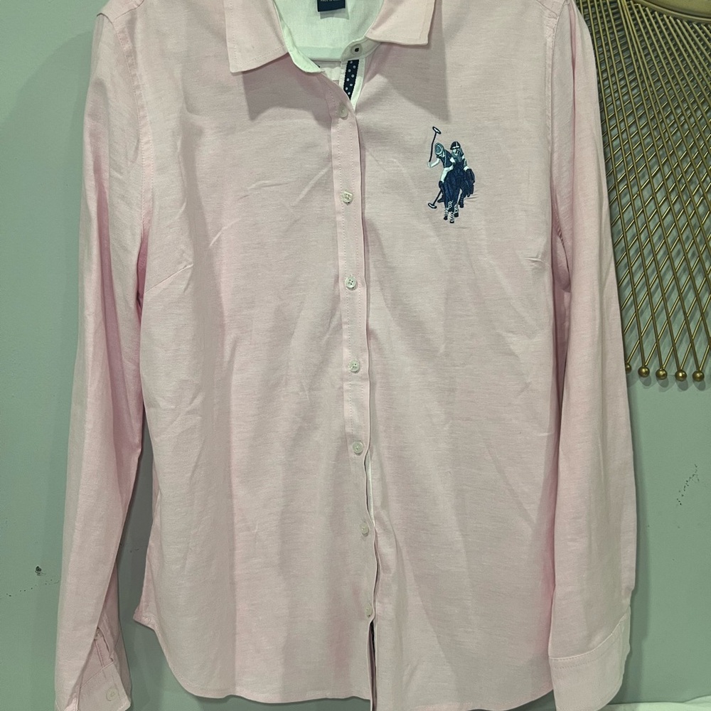 Pink Button-Up Shirt with Embroidered Logo